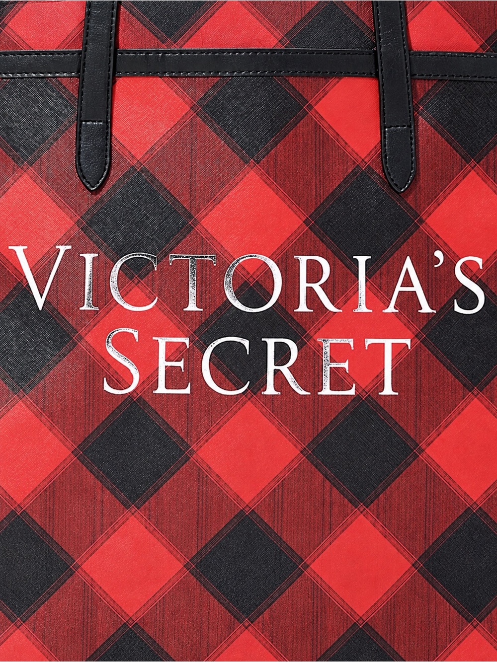 Victoria’s Secret Weekender Tote Bag Black & Red Plaid Silver Metallic Logo - Picture 7 of 8